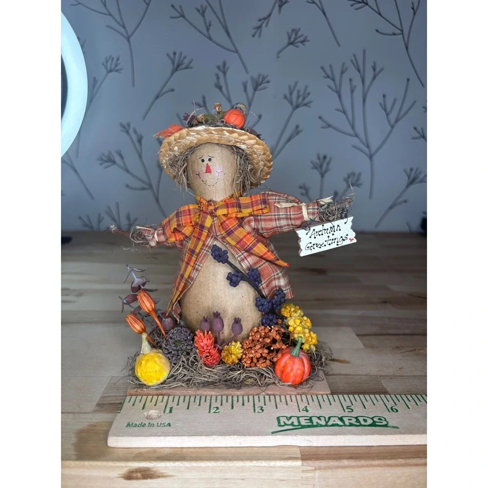 Rustic Autumn Greetings Scarecrow Figurine Plaid Fall Thanksgiving Decor 8.5